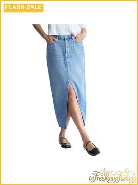 High Rise Denim Maxi Skirt with Front Slit